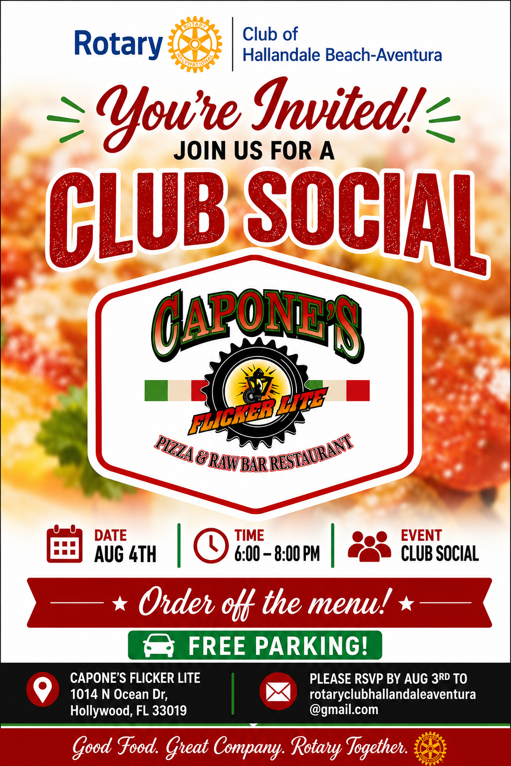 Rotary Club Social: Tue., Aug 4, @ 6:00 pm