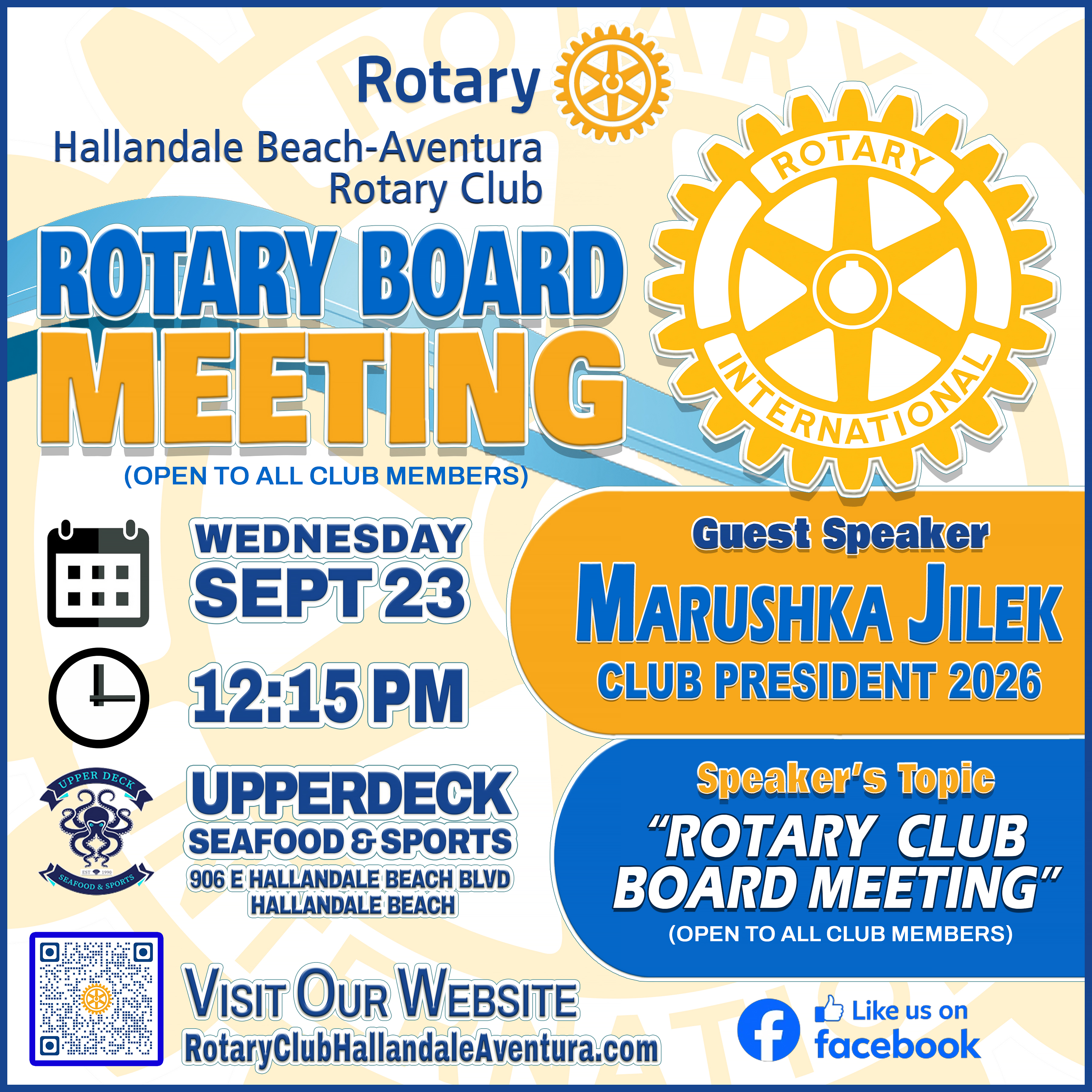 Rotary Board Meeting: Wed., Sep 23, @ 12:15 pm